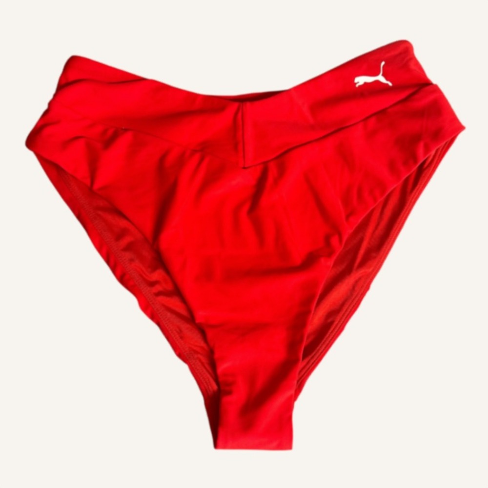 New Puma High Waist Swim Bottoms Red White Logo Womens Size M‎